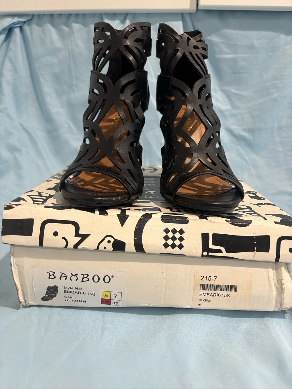 BAMBOO Black Laser-Cut Strappy Peep-Toe Heels